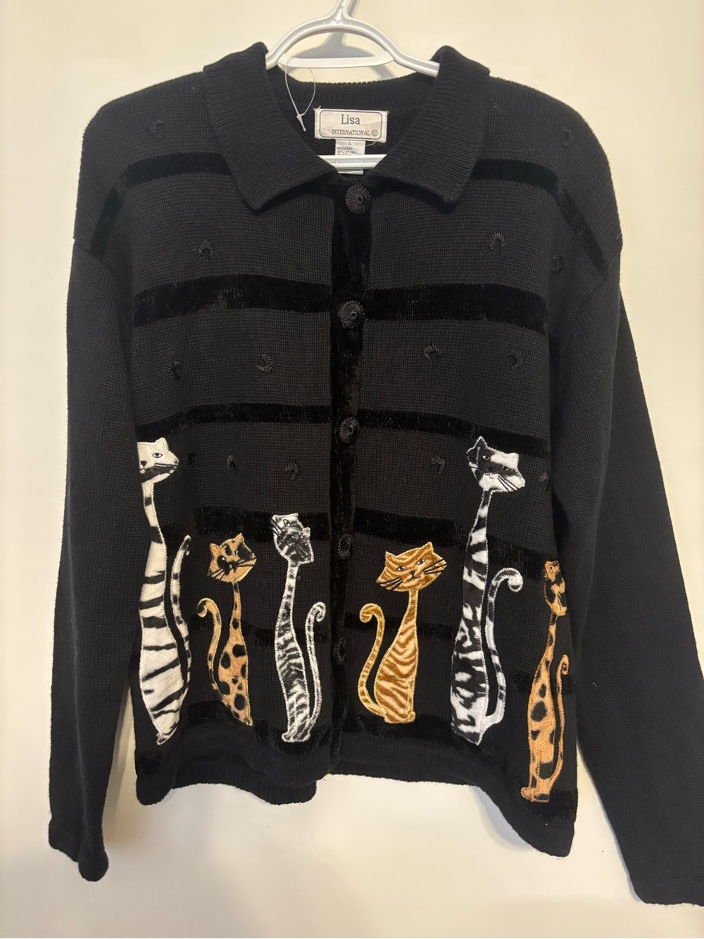 Lisa International Black Button-Up Cardigan with Multicolor Cat Appliqués